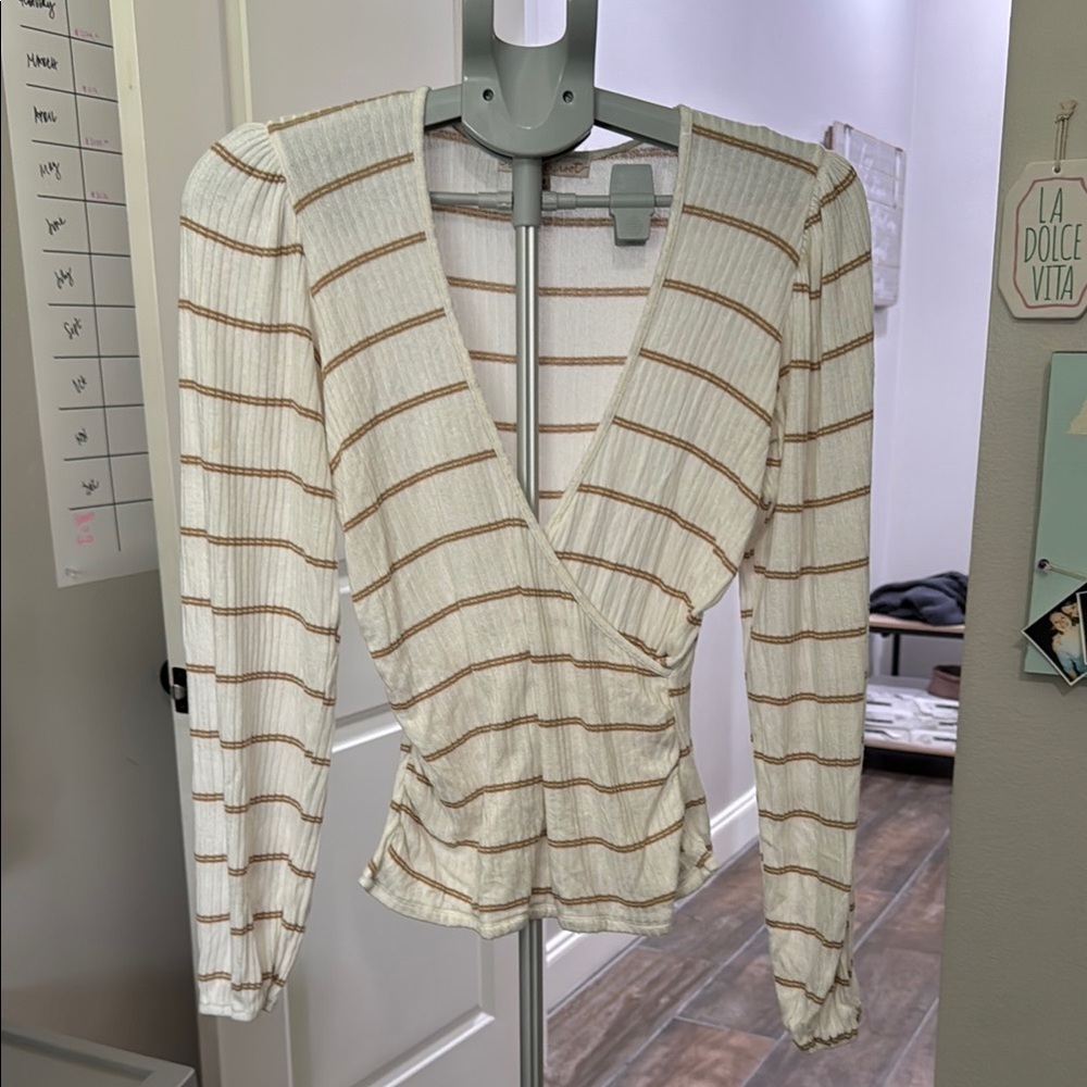 Willow & Root Fitted Cream and Tan Wrap Blouse with Long Sleeves
